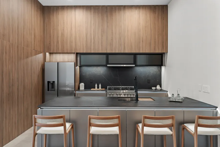 Chef's kitchen with waterfall island