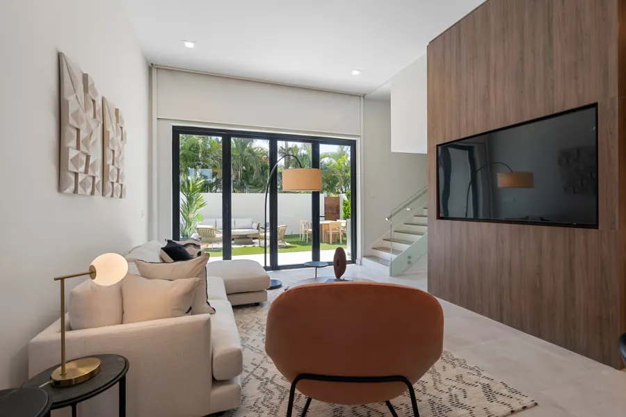 Living room with motorized shades